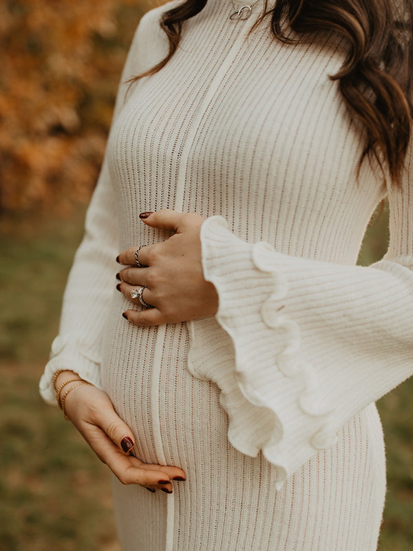 Mumsmode Zwangerschaps Maxi Fotoshoot Jurk Elegant Chique Ruches Bodycon Flare Mouw