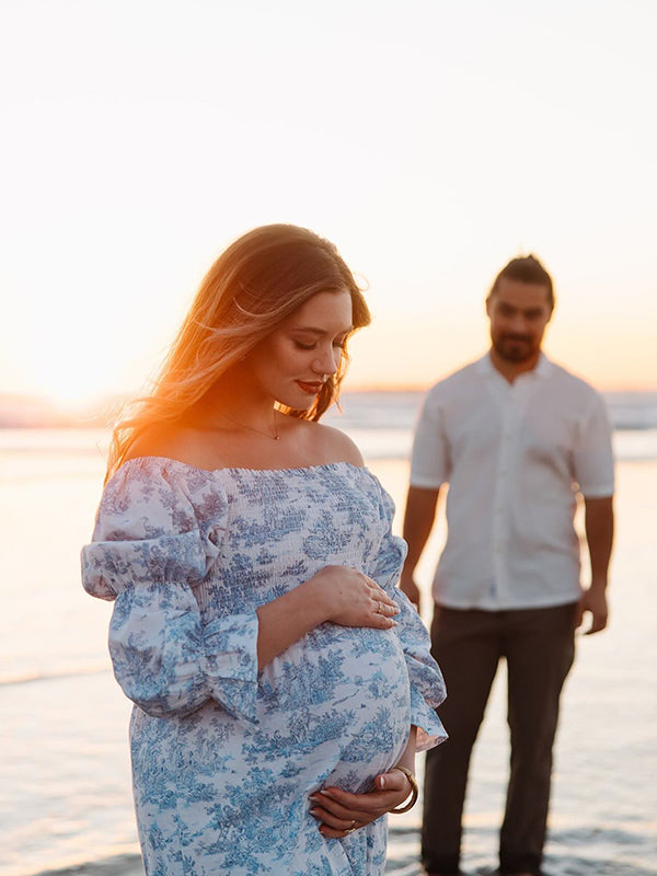 Mumsmode Blauw Schattige Zwangerschaps Maxi Jurk Ruches Geplooid Hoge Taille Pofmouwen Fotoshoot