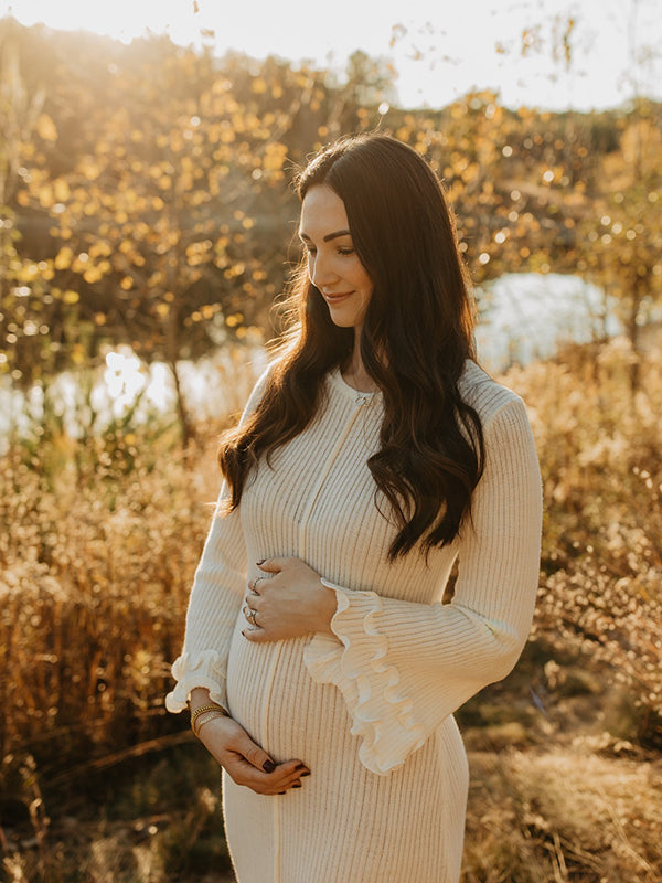 Mumsmode Zwangerschaps Maxi Fotoshoot Jurk Elegant Chique Ruches Bodycon Flare Mouw