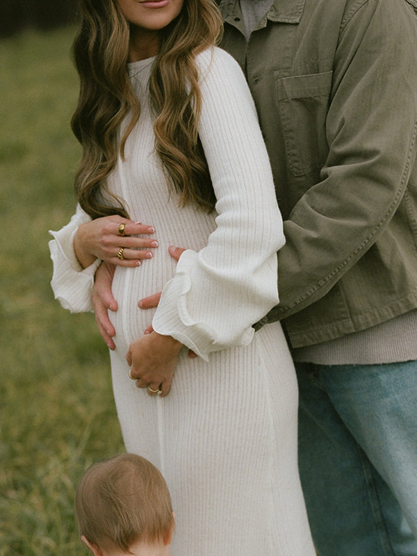 Mumsmode Zwangerschaps Maxi Fotoshoot Jurk Elegant Chique Ruches Bodycon Flare Mouw