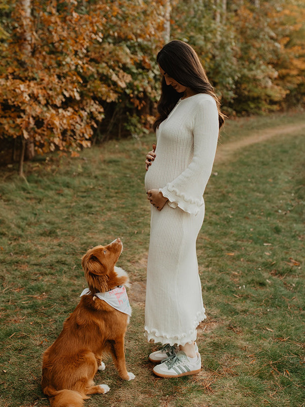 Mumsmode Zwangerschaps Maxi Fotoshoot Jurk Elegant Chique Ruches Bodycon Flare Mouw