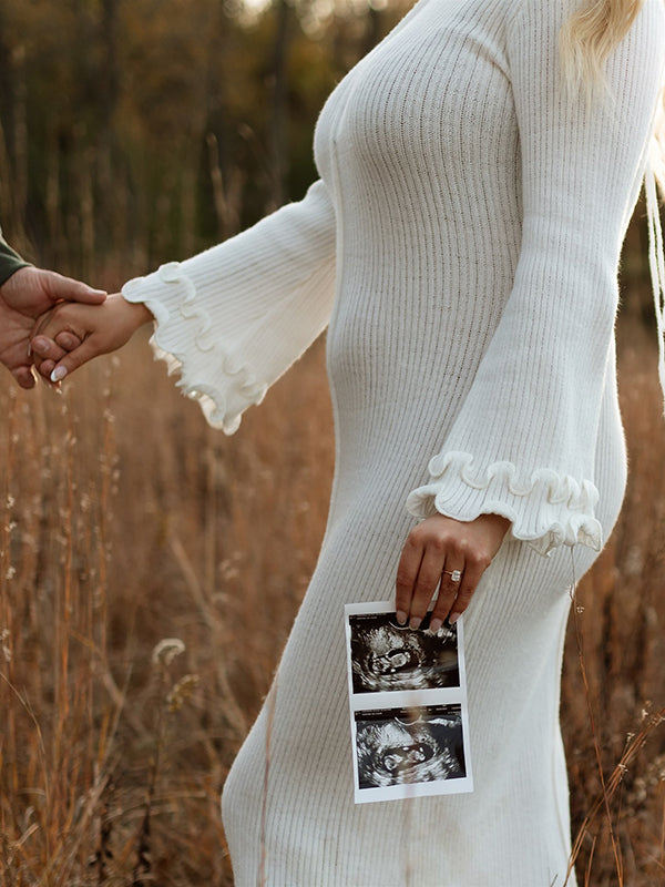 Mumsmode Zwangerschaps Maxi Fotoshoot Jurk Elegant Chique Ruches Bodycon Flare Mouw