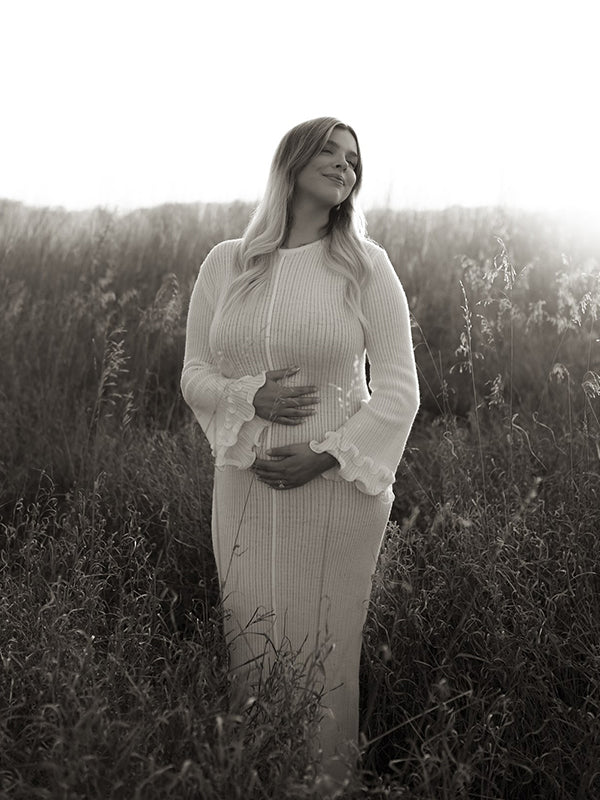 Mumsmode Zwangerschaps Maxi Fotoshoot Jurk Elegant Chique Ruches Bodycon Flare Mouw