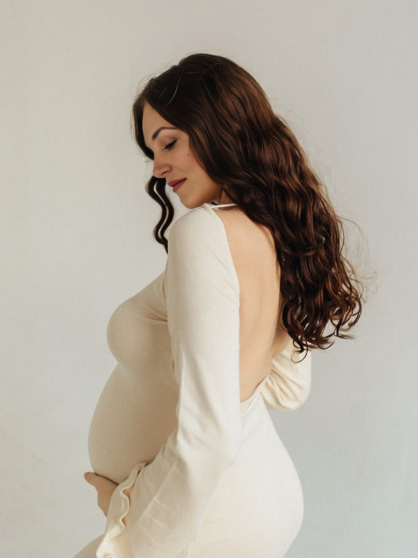 Mumsmode Zwangerschaps Maxi Strand Fotoshoot Jurk Rugloos Gebonden Rug Ruches