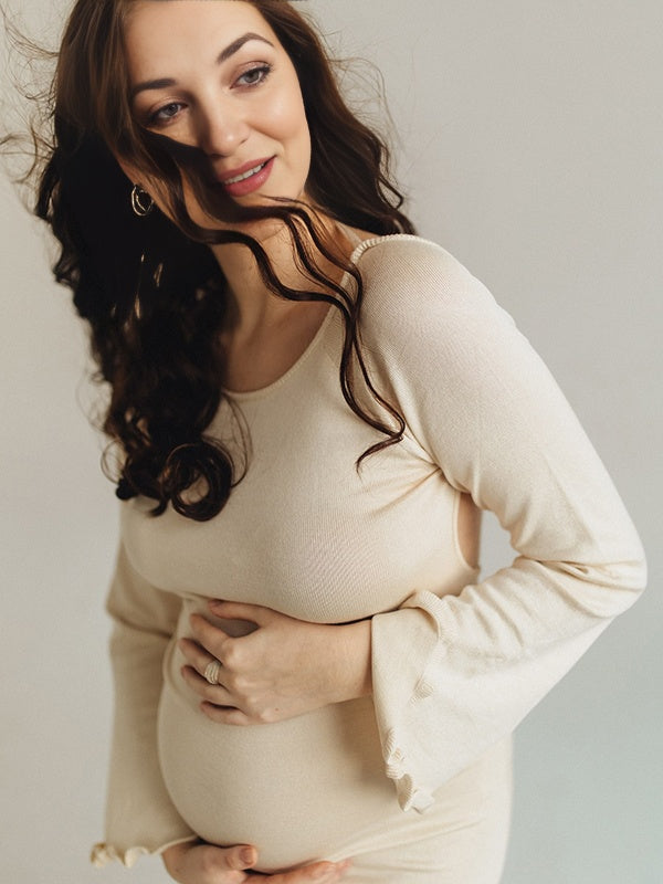 Mumsmode Zwangerschaps Maxi Strand Fotoshoot Jurk Rugloos Gebonden Rug Ruches
