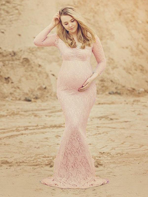 Mumsmode Zwangerchaps Trouw Roze Kanten Zeemeermin Bodycon Maxi Jurk Elegant Mode