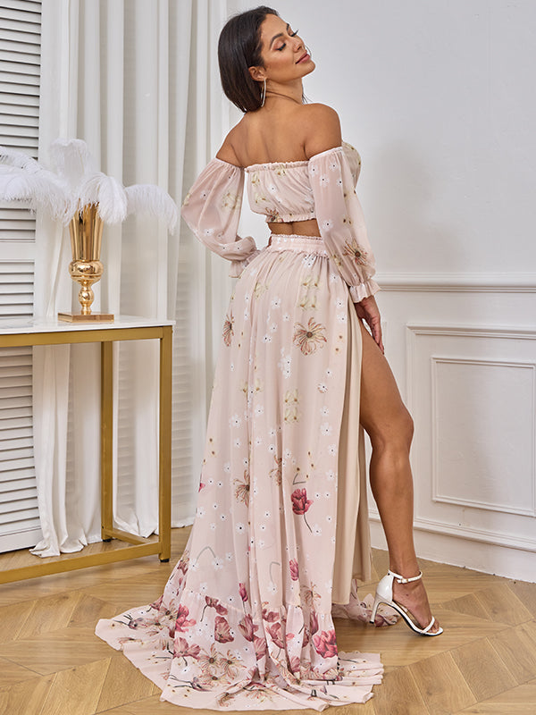 Mumsmode Zwangerchaps Fotoshoot Jurken Elegante 2-in-1 Zijsplit Bloemenprint  Ruches Maxi Jurken