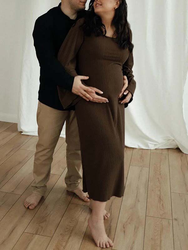 Mumsmode Zwangerchaps Midi Fotoshoot Jurken Elegant Gebonden rug Flare Mouw Bruin