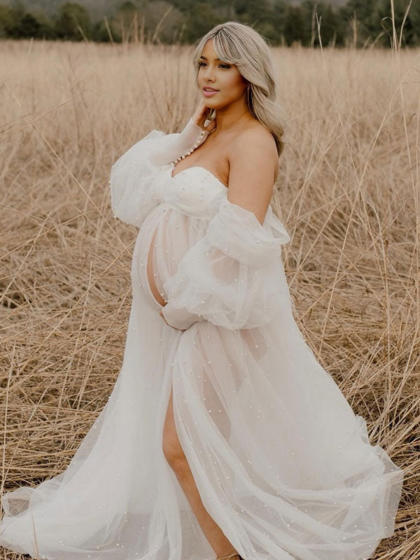 Mumsmode Zwangerchaps Fotoshoot Jurken Elegante Tule Zijsplit Parel Maxi Jurken