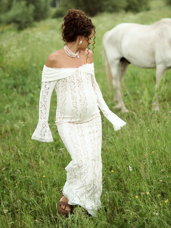 Mumsmode Zwangerchaps Maxi Kantenjurk Off Shoulder Strikdetail Wit