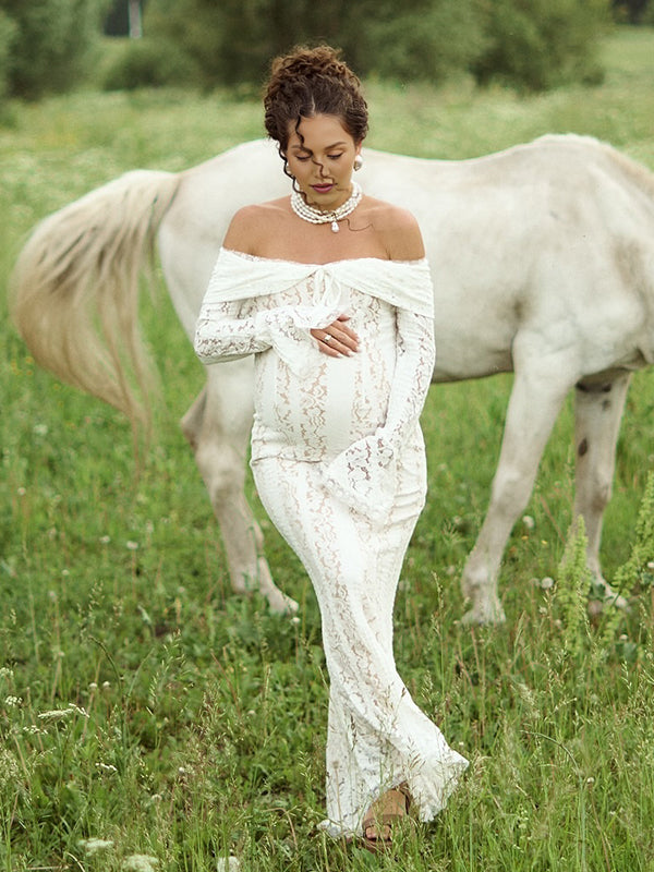 Mumsmode Witte Off Shoulder Kanten Bandeau Jurk Strikdetail Voorkant Zeemeermin Bandage Maxi Zwangerschapsjurk Fotoshoot Uitgaan