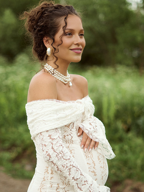 Mumsmode Zwangerchaps Maxi Kantenjurk Off Shoulder Strikdetail Wit