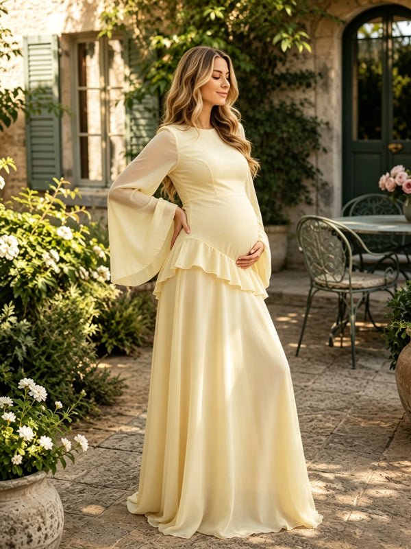 Elegante Chiffon Zwangerschaps Maxi Jurk Ruffles Uitlopende Mouwen