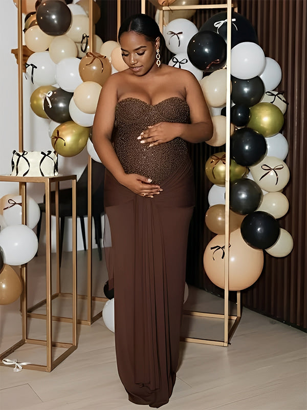 Mumsmode Pailletten Zwangerschaps Maxi Jurk Bandeau Geplooid Knoop Gedrapeerd Bodycon Babyshower