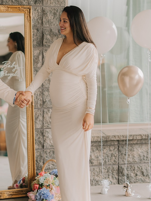 Mumsmode Babyshower Bruiloft Gast Maxi Zwangerschapsjurk Bodycon Chique Gekreukt Diepe Halslijn