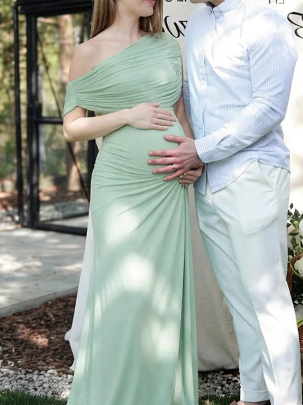 Groene Aansluitende Maxi Zwangerschapsjurk Off Shoulder Ruches