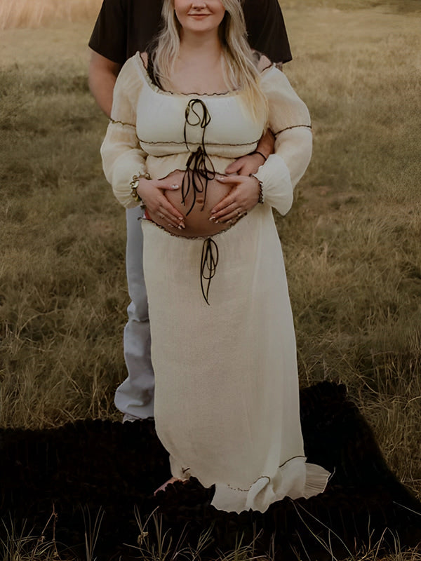 Mumsmode Zwangerchaps Maxi Fotoshoot Jurken Elegant 2-in-1 Boot Nek Pofmouw Abrikoos