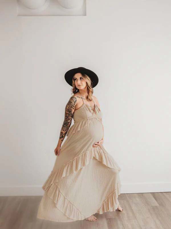 Mumsmode Zwangerchap Fotoshoot Jurken Boheems Fotoshoot Onregelmatig Ruches Rugloos Gedrapeerd Spaghetti Maxi Jurken