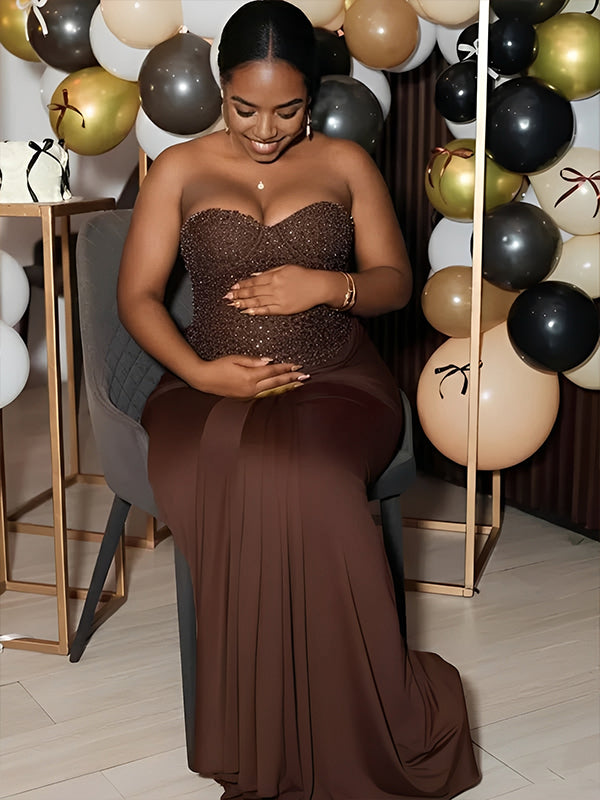 Mumsmode Pailletten Zwangerschaps Maxi Jurk Bandeau Geplooid Knoop Gedrapeerd Bodycon Babyshower
