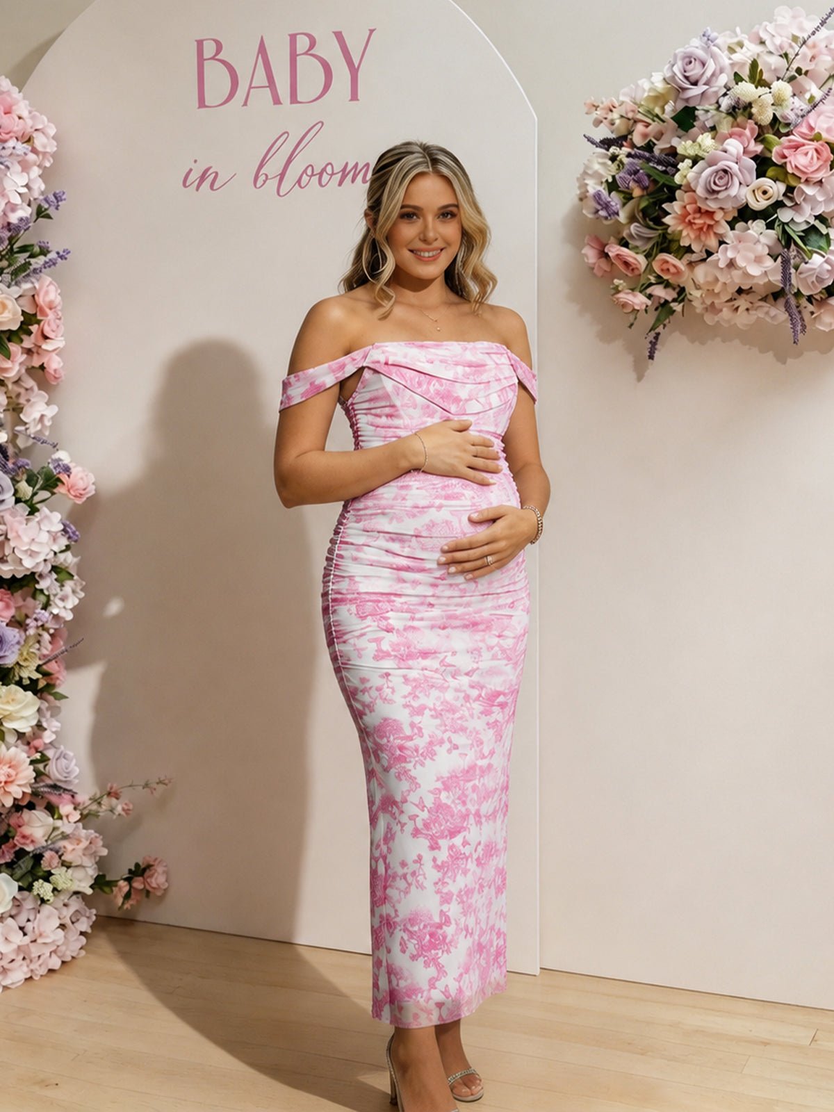 Bloemenprint Zwangerschaps Maxi Jurk Baleinen Geplooid Tule Off-Shoulder Bodycon