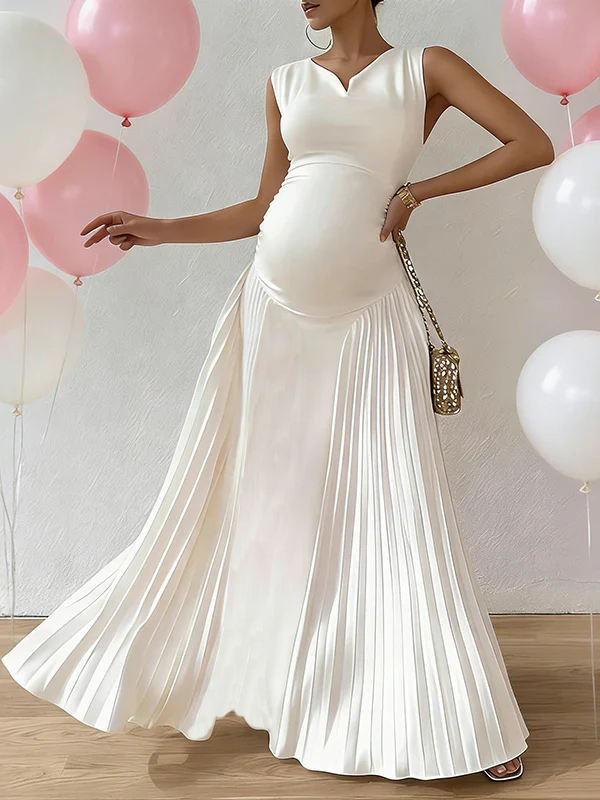 Mumsmode Zwangerschaps Maxi Jurk Babyshower Ceremonie Elegant Geplooid A-Lijn Wit