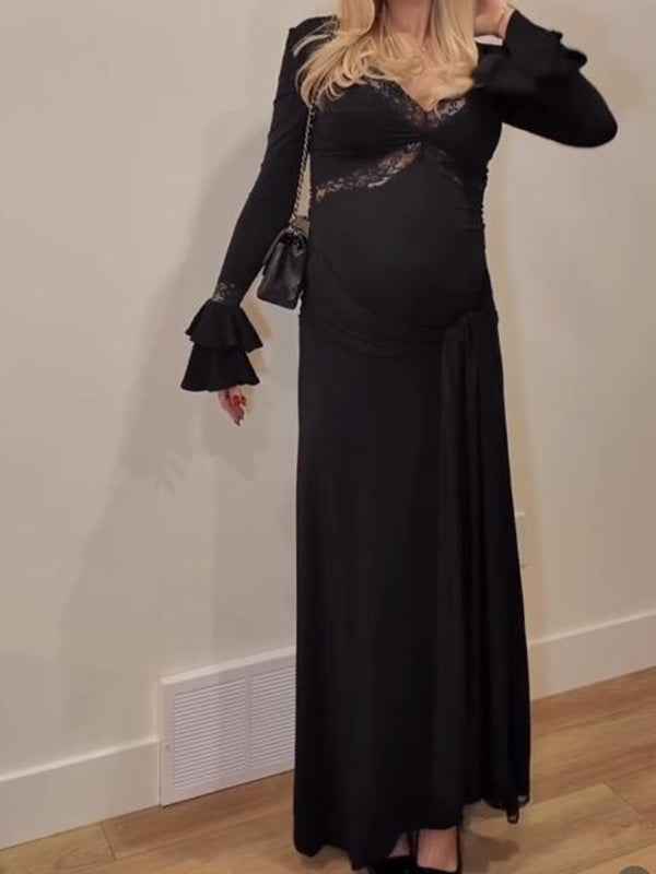 Mumsmode Zwangerschaps Maxi Bodycon Jurk Chique Cocktail Kanten Ruches Gedrapeerd Patchwork