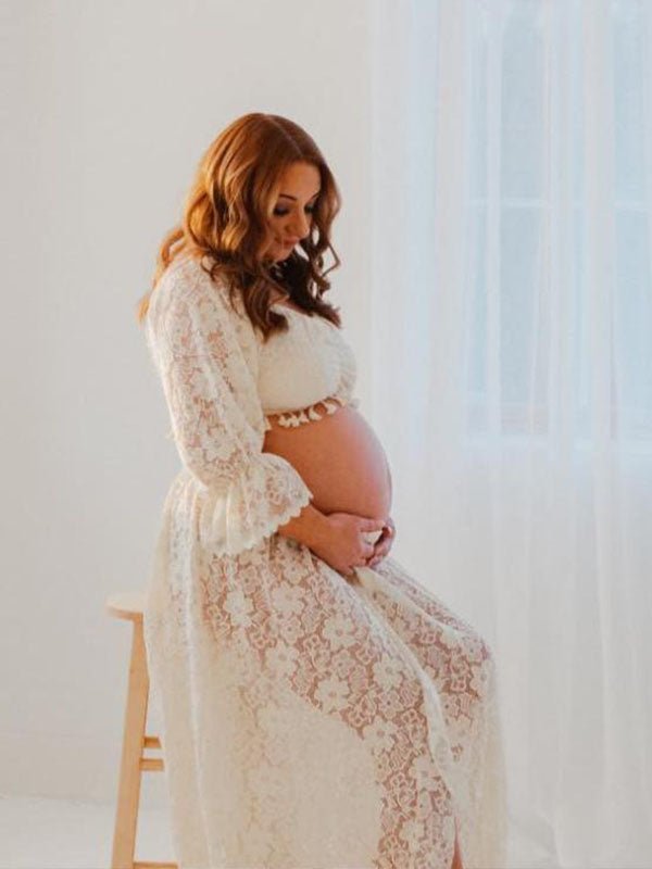 Boho Zwangerschaps Maxi Jurk Kant Off-Shoulder Kwastjes Tweedelige Set