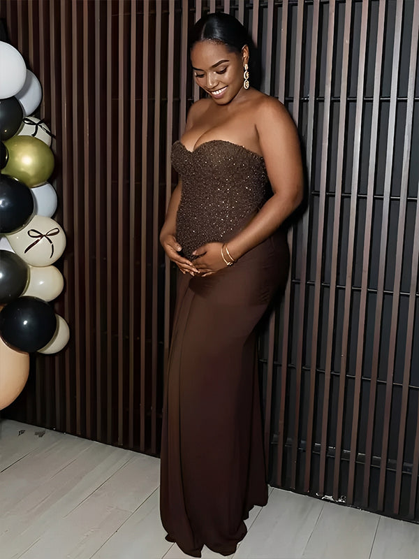 Mumsmode Pailletten Zwangerschaps Maxi Jurk Bandeau Geplooid Knoop Gedrapeerd Bodycon Babyshower
