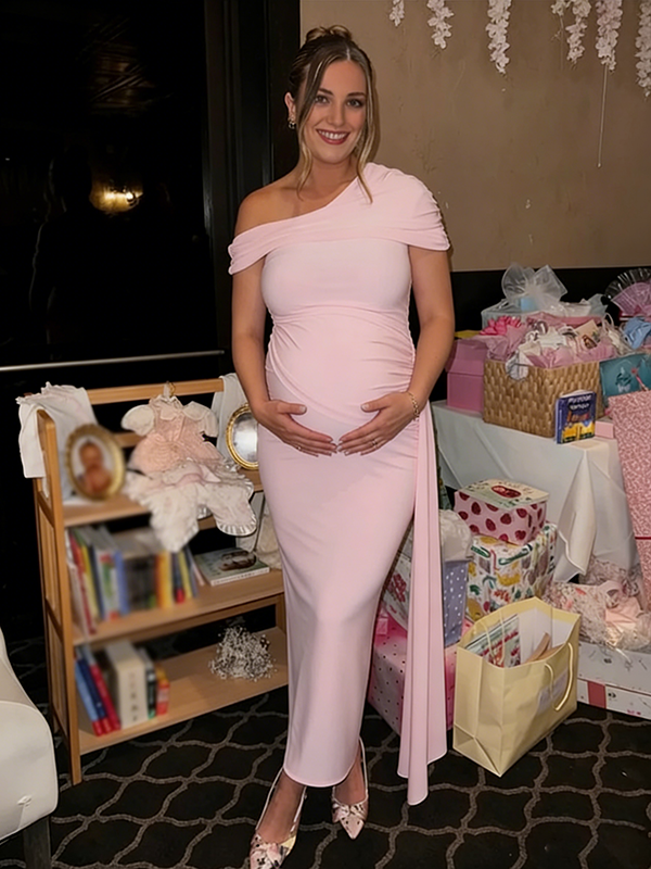 Mumsmode Roze Zwangerschaps Maxi Jurk Off-Shoulder Gedrapeerd Babyshower