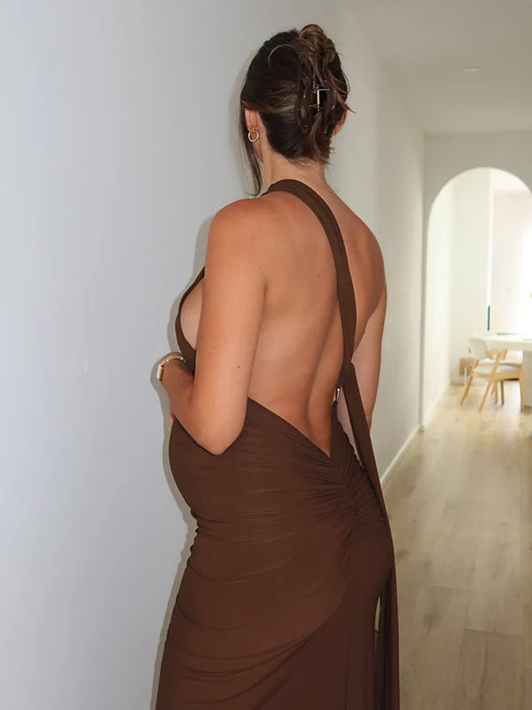 Mumsmode Chique Een Open Schouder Rugloos Lintjes Gedrapeerd Zeemeermin Bodycon Babyshower Zwangerschaps Maxi Jurk