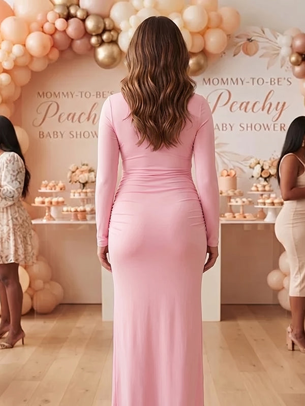 Elegante Roze Gedrapeerde Bodycon Zwangerschaps Maxi Babyshower Jurk