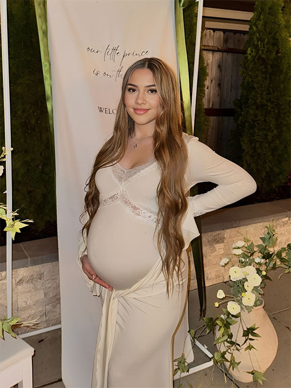 Mumsmode Maxi Babyshower Zwangerschapsjurk Kant Ruches Flare Mouwen Elegante Jurk Fotoshoot Gender Reveal