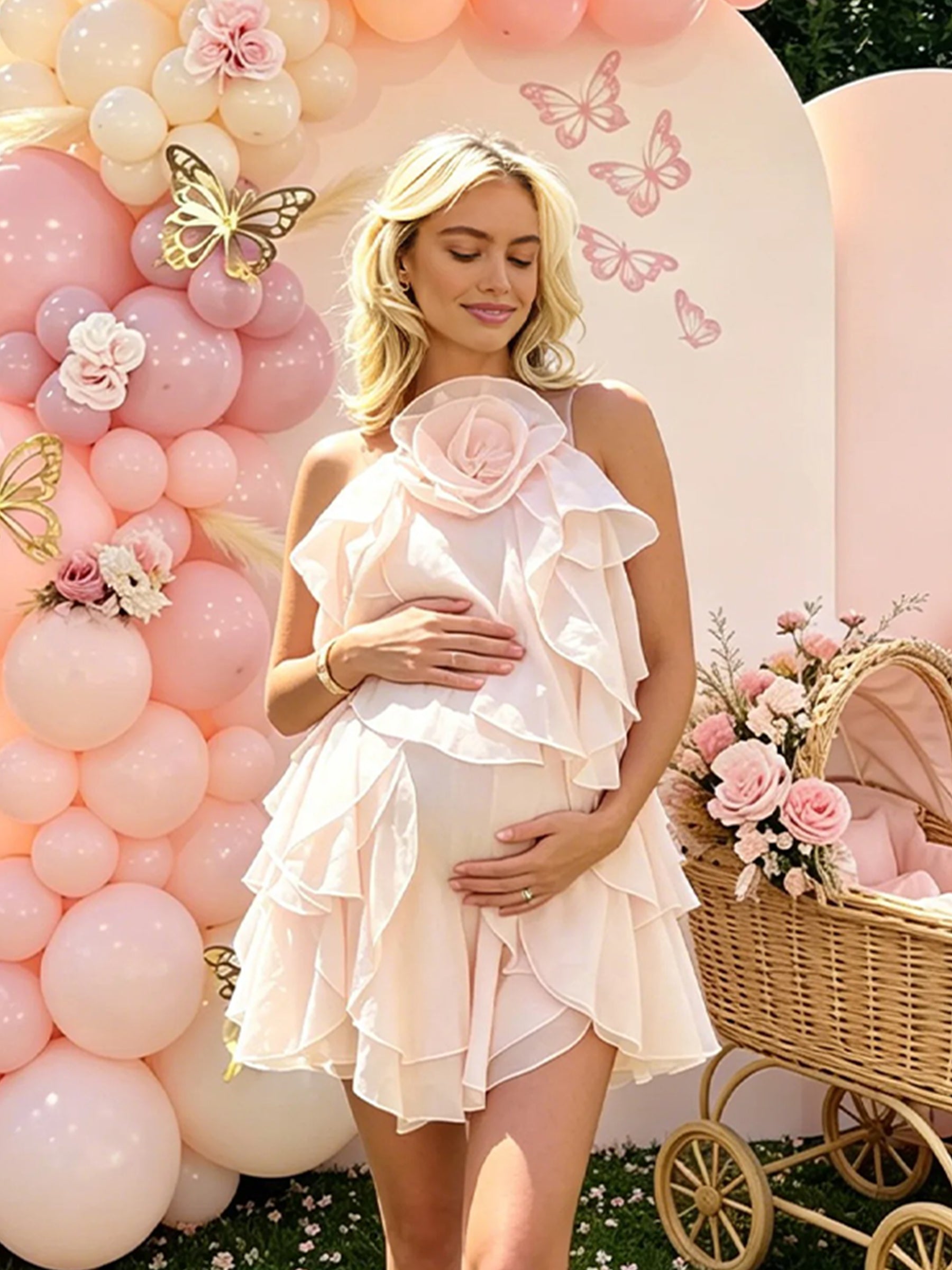 Mumsmode Zwangerschaps Mini Jurk 3D Bloemen Gelaagd Ruches Spaghettibandjes Rugloos Babyshower