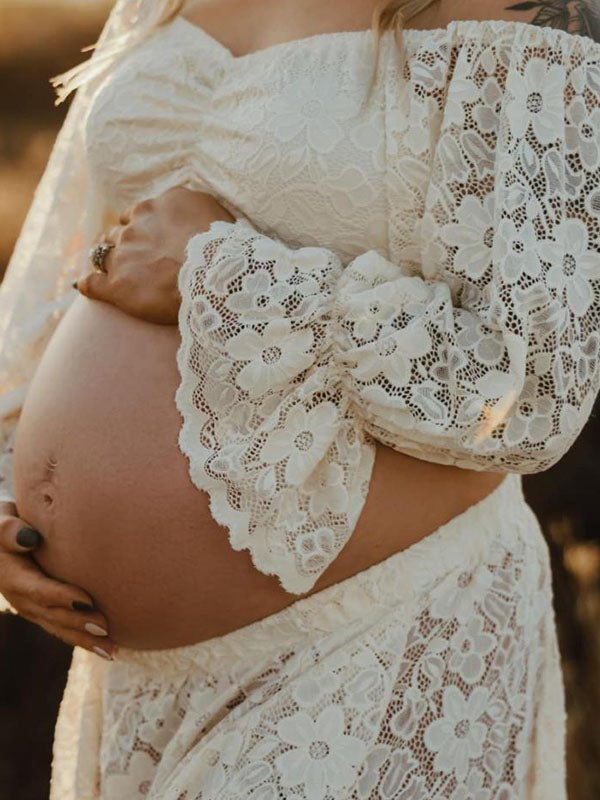 Boho Zwangerschaps Maxi Jurk Kant Off-Shoulder Kwastjes Tweedelige Set