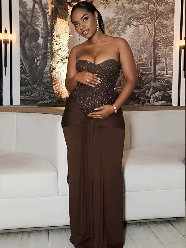 Mumsmode Pailletten Zwangerschaps Maxi Jurk Bandeau Geplooid Knoop Gedrapeerd Bodycon Babyshower