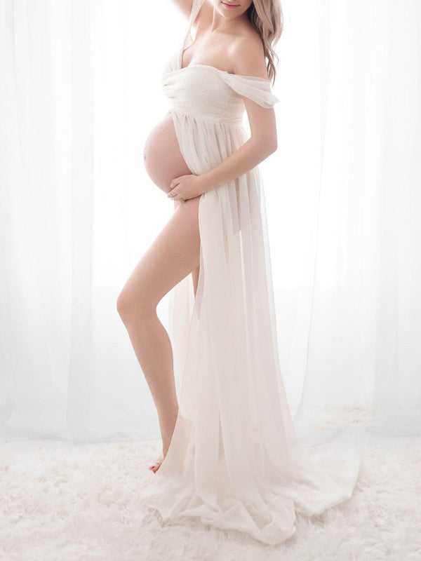 Mumsmode Zwangerchaps Elegant Chique Zijsplit Kanten Bandeau Chiffon Maxi Fotoshoot Jurken
