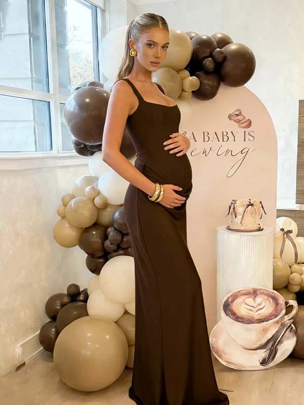 Bruine Geplooid Bovenlijf Vetersluiting Rug Bodycon Zwangerschaps Maxi Jurk