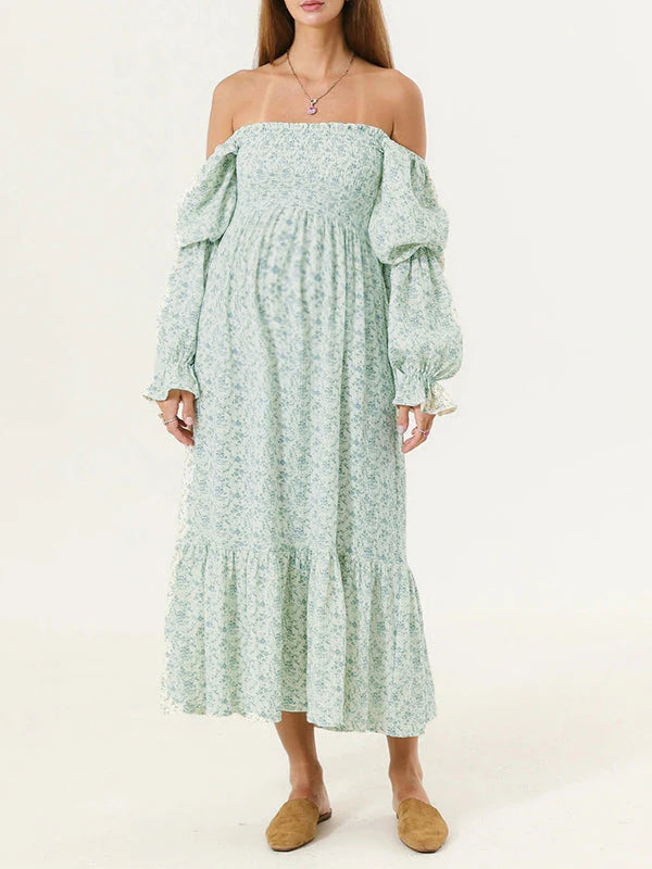 Mumsmode Schattige Zwangerschaps Maxi Jurk Ruches Geplooid Hoge Taille Pofmouwen Fotoshoot