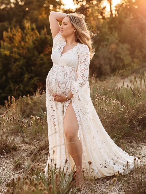 Mumsmode Zwangerchaps Maxi Fotoshoot Jurken Elegant Boheems Kanten Zijsplit Flare Mouw