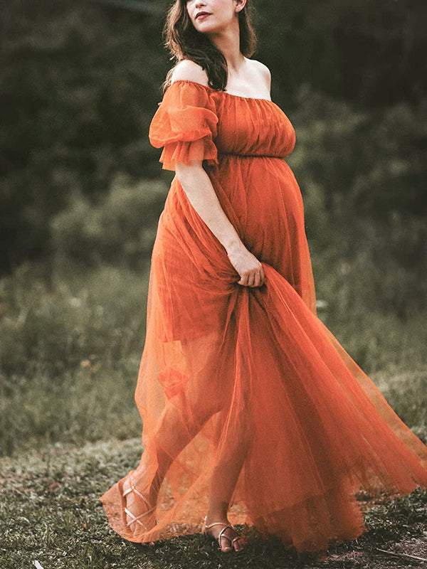 Mumsmode Maxi Zwangerschaps Tulejurk Elegant Boheems Off Shoulder Oranje