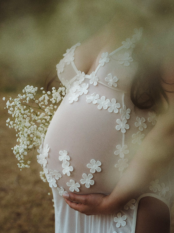 Mumsmode Zwangerchaps Fotoshoot Jurken Elegant Vakantie Tule perspectief Appliques Zijsplit Rugloos Maxi Jurken