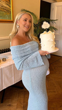 Mumsmode Zwangerschaps Babyshower Blauwe Gebreide Off-Shoulder Bodycon Fotoshoot Gender Reveal Maxi Jurk