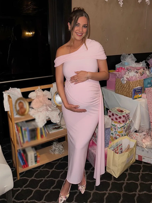 Mumsmode Roze Zwangerschaps Maxi Jurk Off-Shoulder Gedrapeerd Babyshower