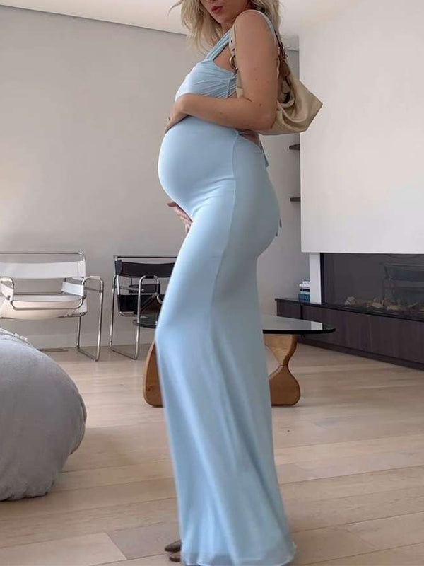 Mumsmode Zwangerchaps Maxi Jurk Rugloos Spaghetti Riem Babyshower  Elegant Blauw