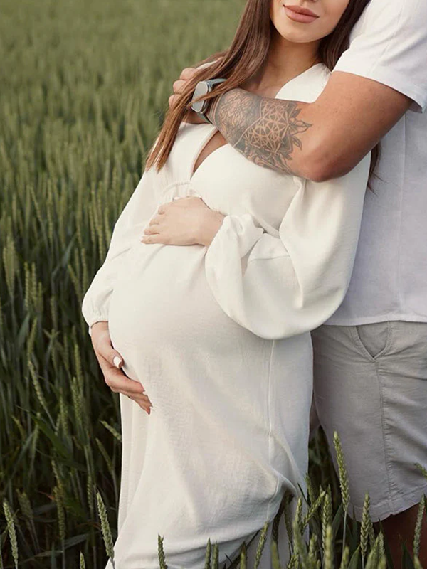 Mumsmode Zwangerchaps Midi Fotoshoot Jurken Elegant V-hals Lange Mouw Wit