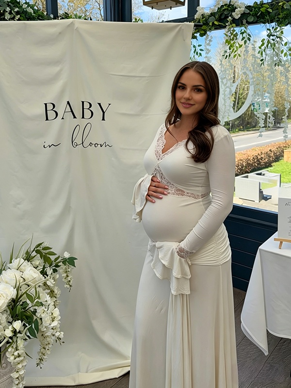 Mumsmode Maxi Babyshower Zwangerschapsjurk Kant Ruches Flare Mouwen Elegante Jurk Fotoshoot Gender Reveal