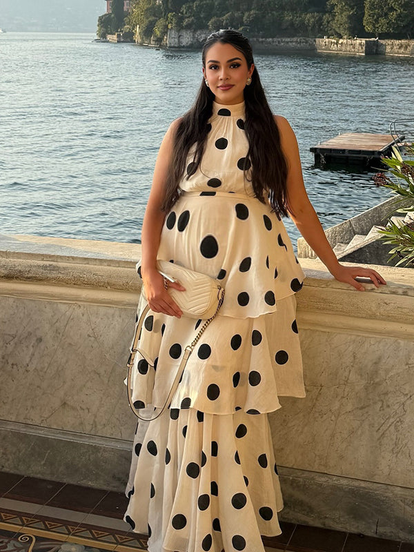 Mumsmode Zwangerschaps Maxi Jurk Chique Cocktail Stippenprint Ruches 2-in-1 Rok Blous