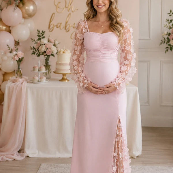 Elegante kanten zwangerschaps maxi jurk met opvallende 3D bloemen voor babyshower.