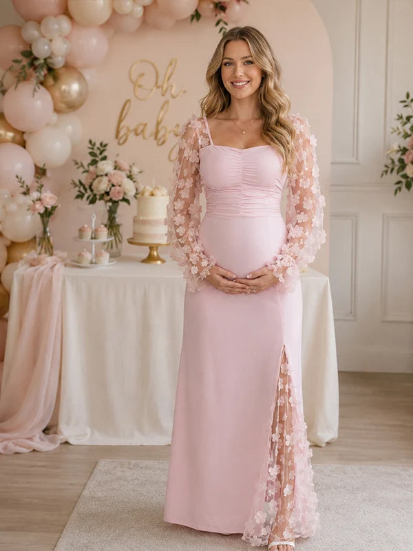 Elegante kanten zwangerschaps maxi jurk met opvallende 3D bloemen voor babyshower.