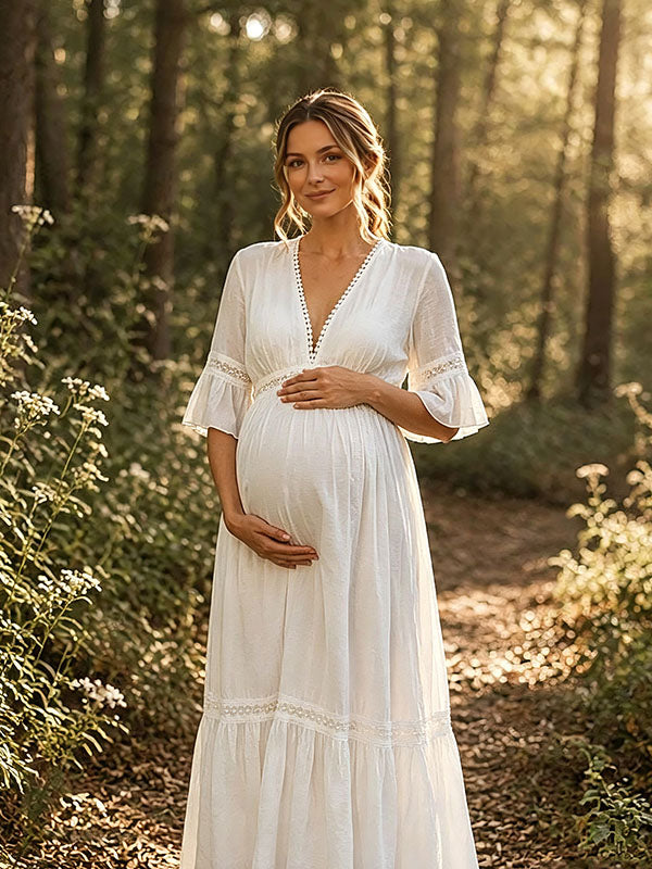 Boho Zwangerschapsjurk Maxi Diepe V-Hals Gehaakt Jurk